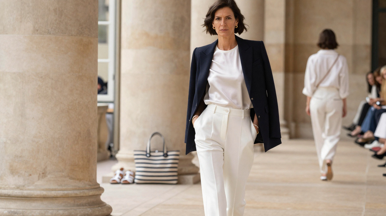 Mulher em passerelle com blazer azul escuro e calças e camisa branca, em espaço com colunas de pedra.