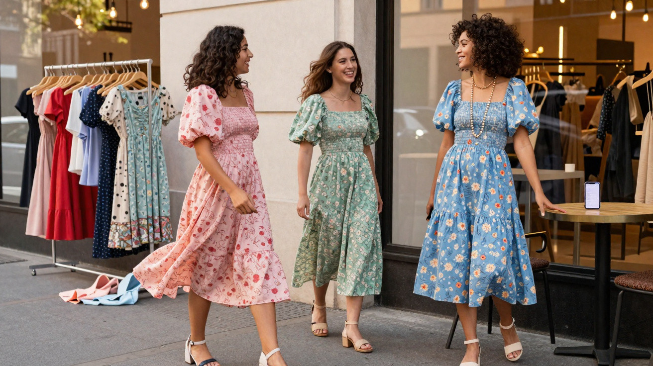 Três mulheres a sorrir e caminhar na rua com vestidos florais e mangas bufantes, perto de uma loja de roupa.
