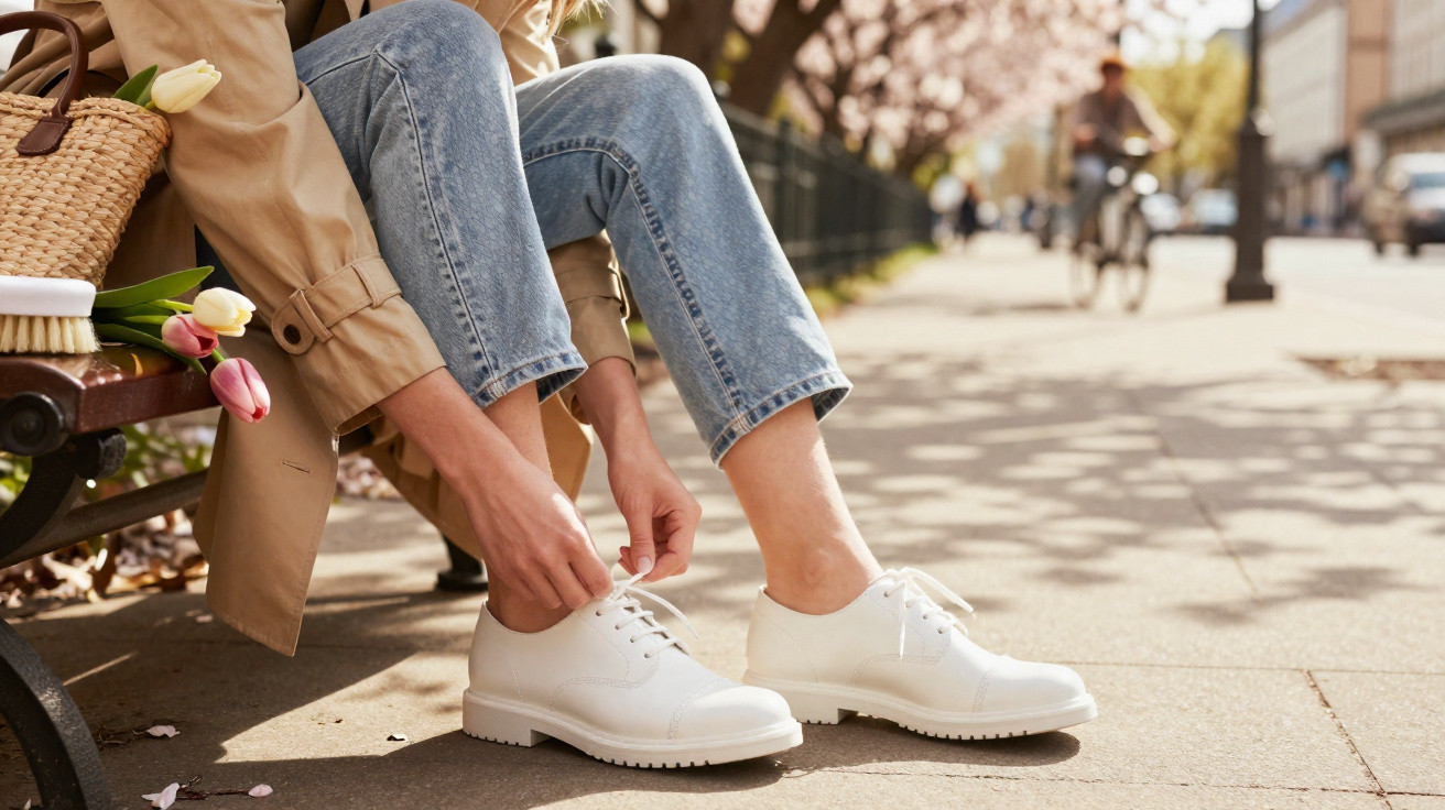 Pessoa sentada num banco a calçar sapatos brancos, com saco de palha e flores ao lado, numa rua ensolarada.