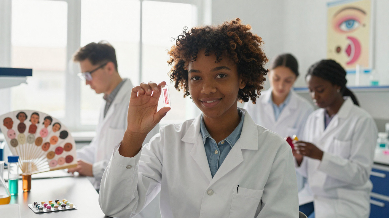 Jovem cientista negra a sorrir, segurando amostra, com colegas a trabalhar em laboratório de pesquisa.