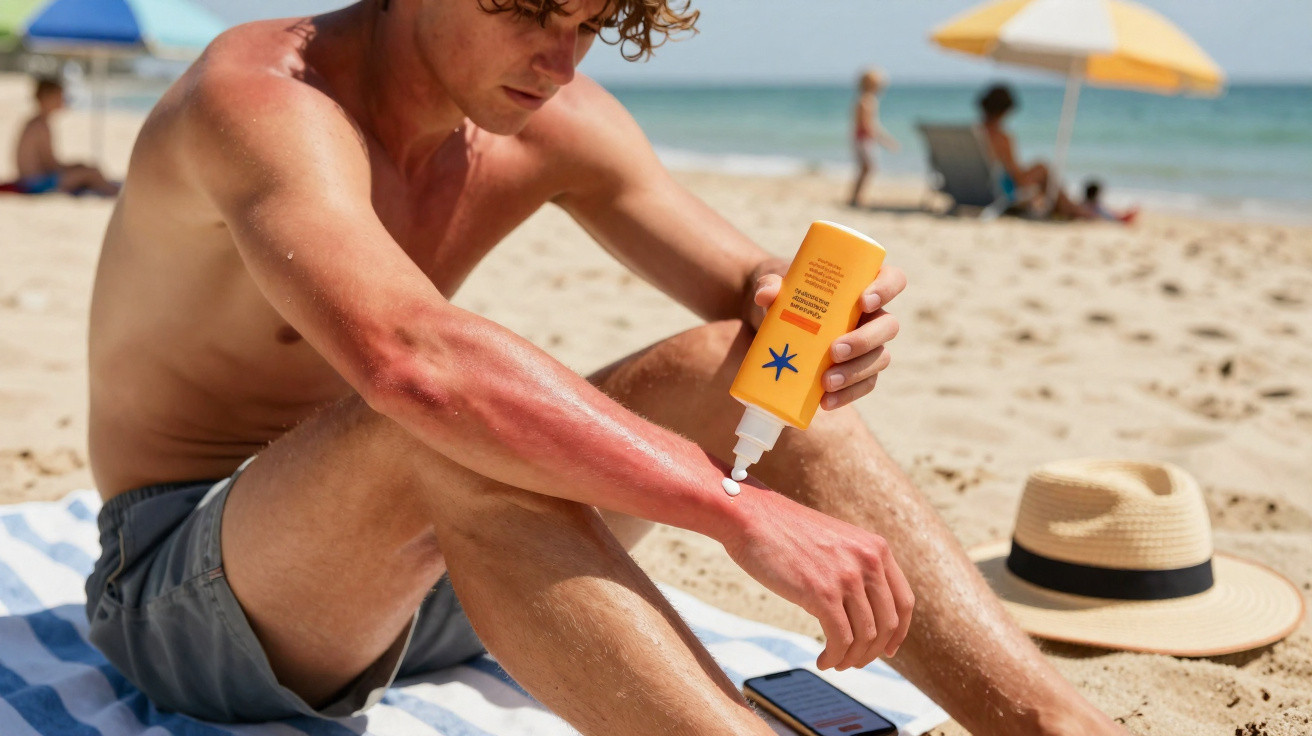 Homem com queimadura solar aplica creme num braço na praia, sentado numa toalha às riscas azuis e brancas.