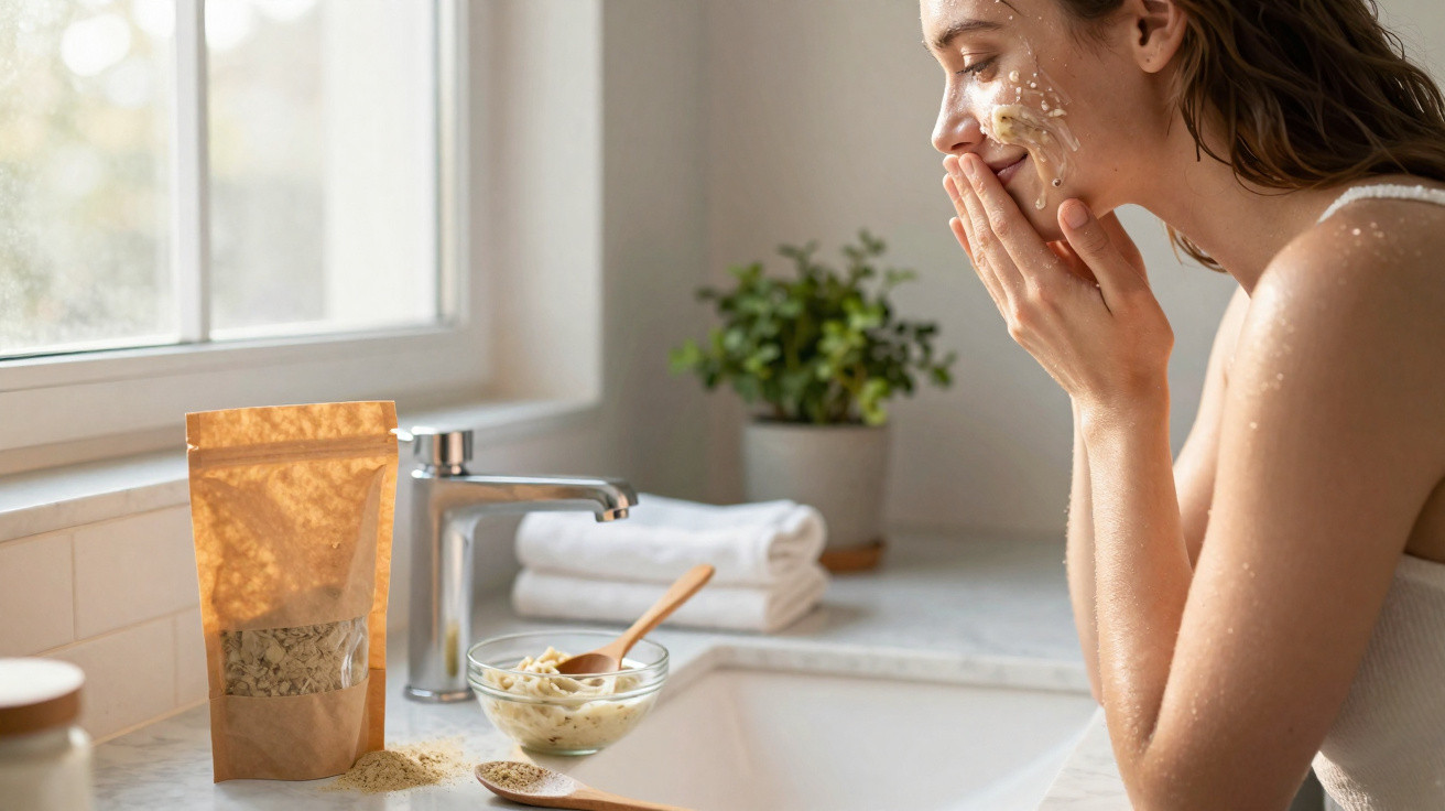 Mulher a aplicar máscara facial caseira junto a pia, com produtos naturais e toalhas ao fundo.