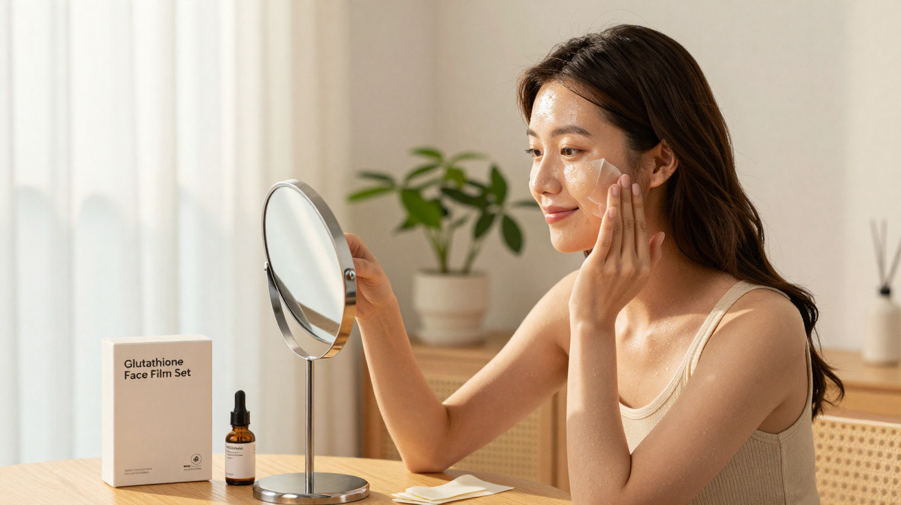 Mulher aplica máscara facial transparente enquanto olha ao espelho numa mesa com produtos de beleza.