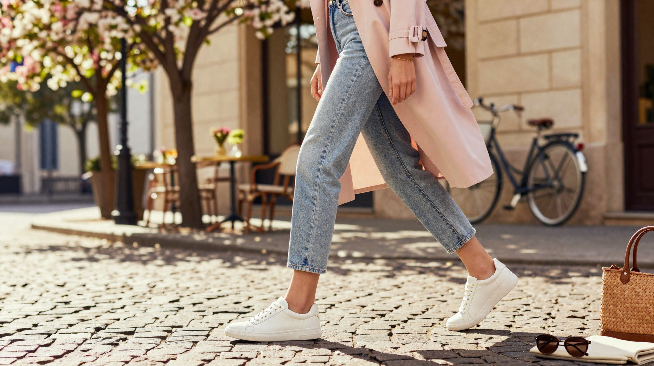 Pessoa a caminhar numa rua de calçada com sapatilhas brancas, jeans e casaco rosa claro.