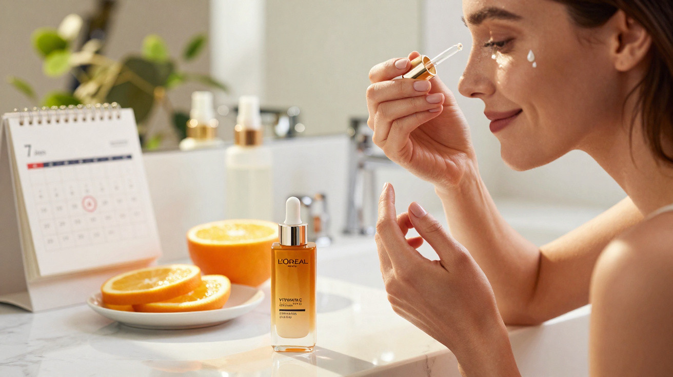 Mulher a aplicar sérum facial com conta-gotas num ambiente de casa-de-banho com calendários e laranjas.