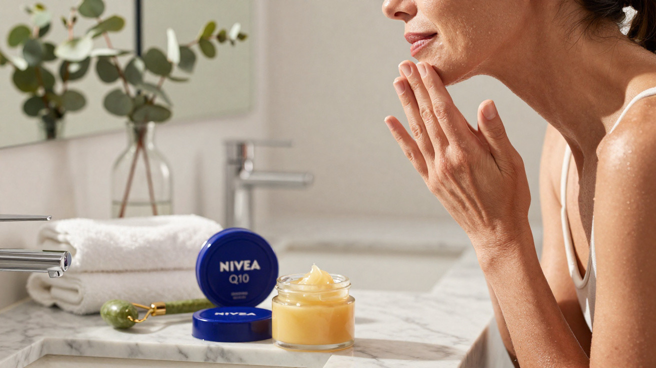 Mulher a aplicar creme facial Nivea Q10 no rosto numa casa de banho moderna e luminosa.