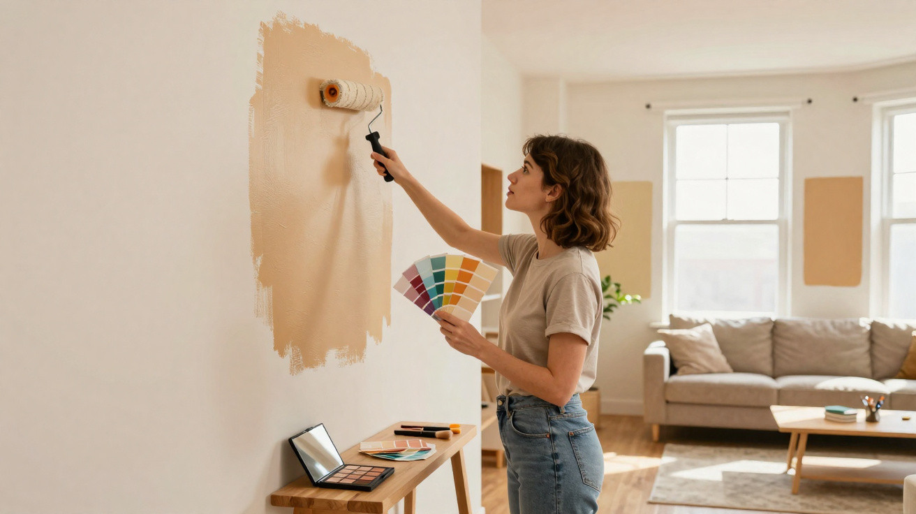Mulher pinta parede de sala com rolo, segurando paleta de cores, em sala luminosa com sofá cinza.