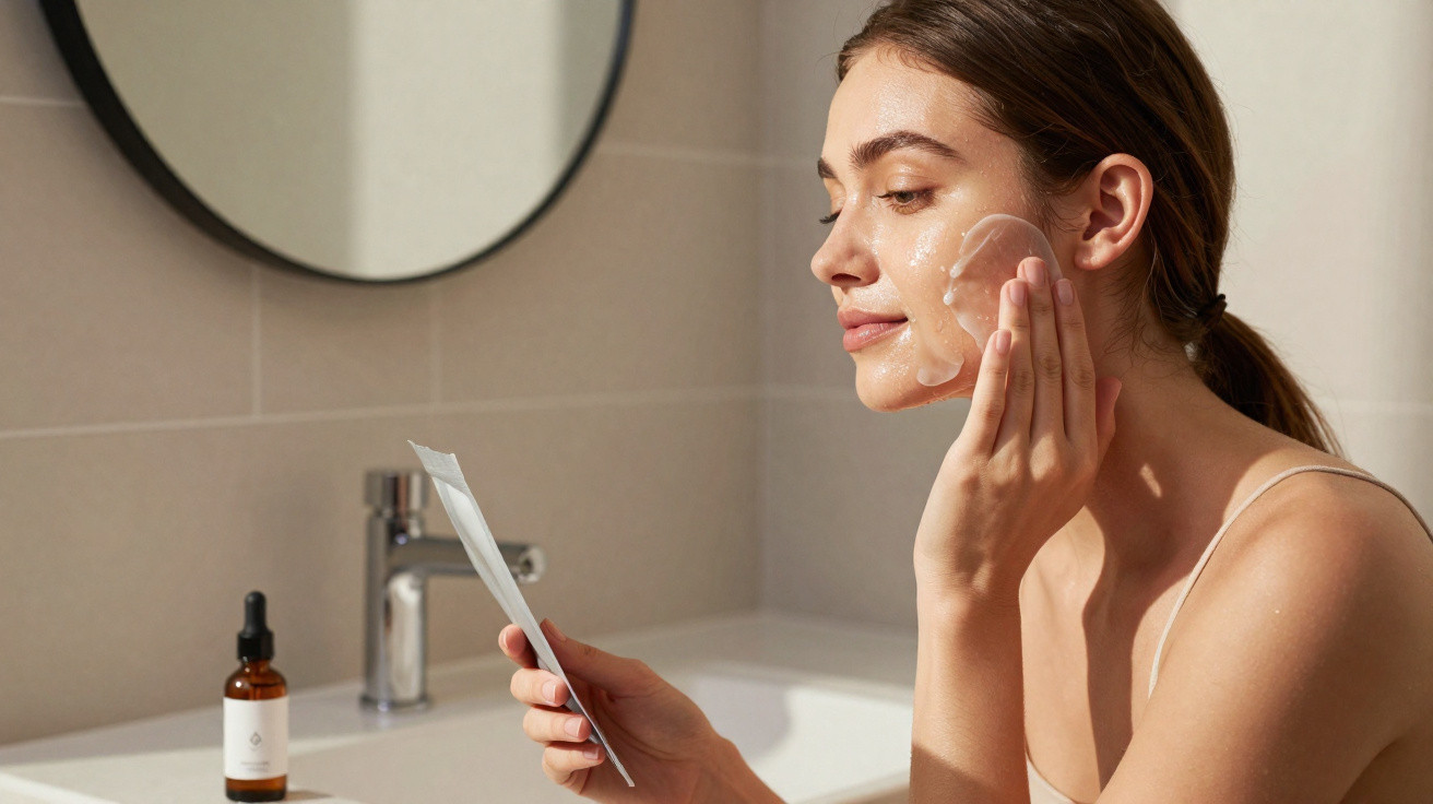 Mulher a aplicar máscara facial transparente no rosto numa casa de banho iluminada.