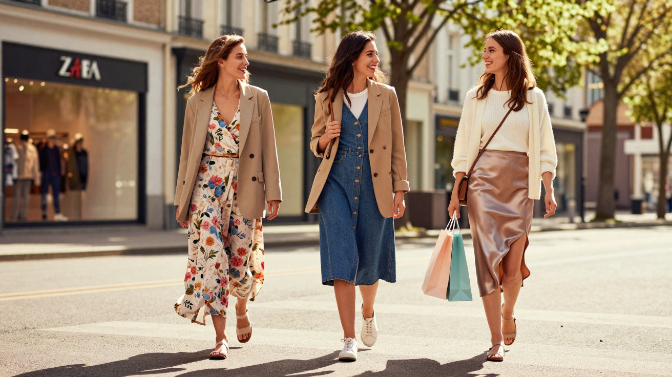 Três mulheres a caminhar na rua numa tarde ensolarada, a conversar e a sorrir, vestidas casualmente.