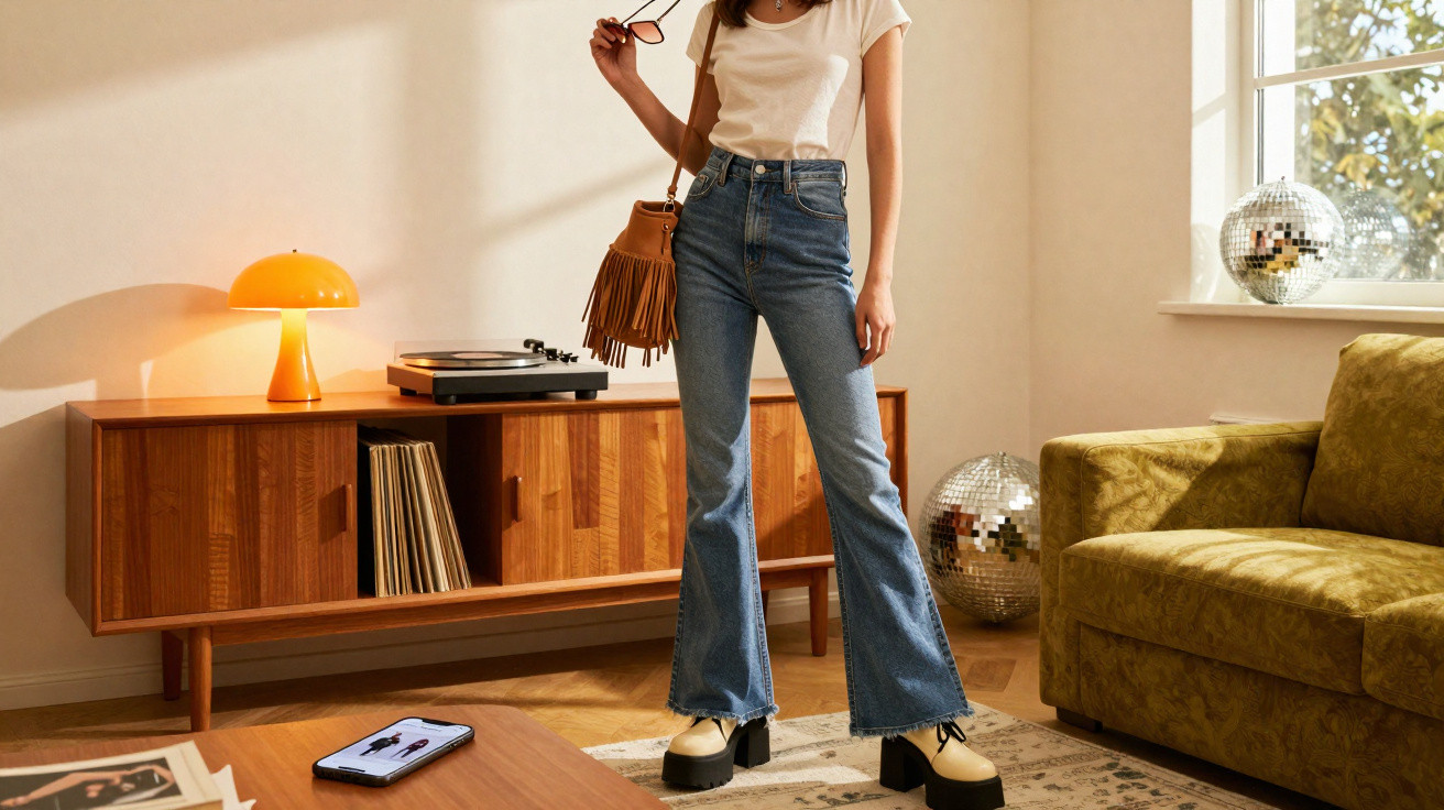 Mulher com calças de ganga e t-shirt branca em sala vintage com móvel de madeira e disco de vinil.