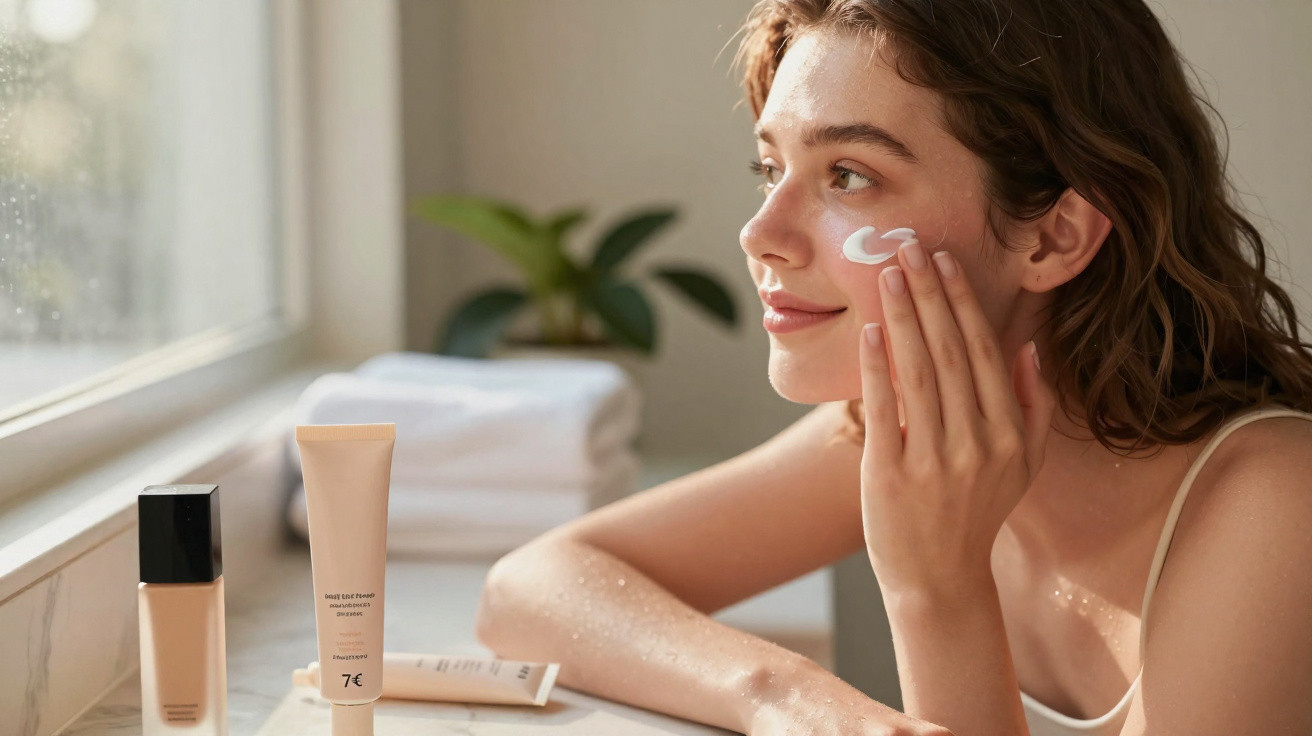 Mulher jovem a aplicar creme no rosto junto a janela com produtos de beleza numa bancada.