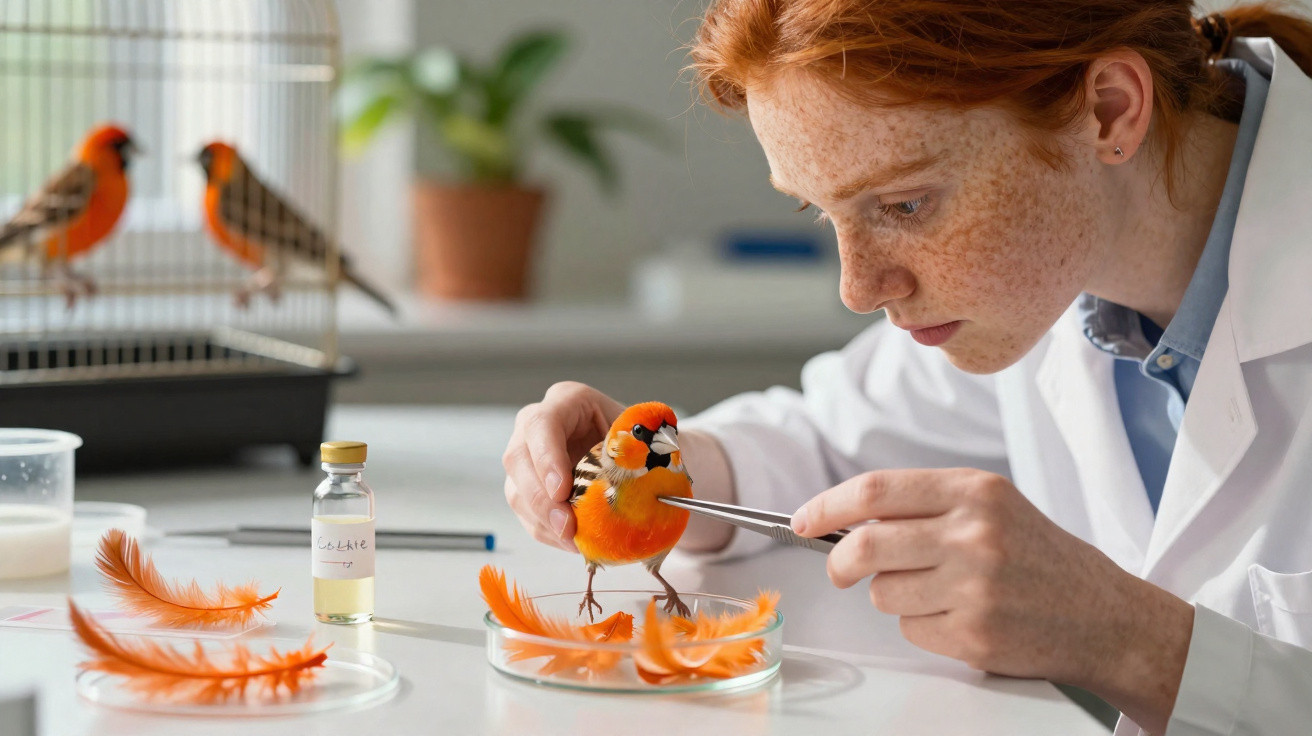 Investigadora a examinar uma ave vermelha numa mesa com penas laranja e material de laboratório.