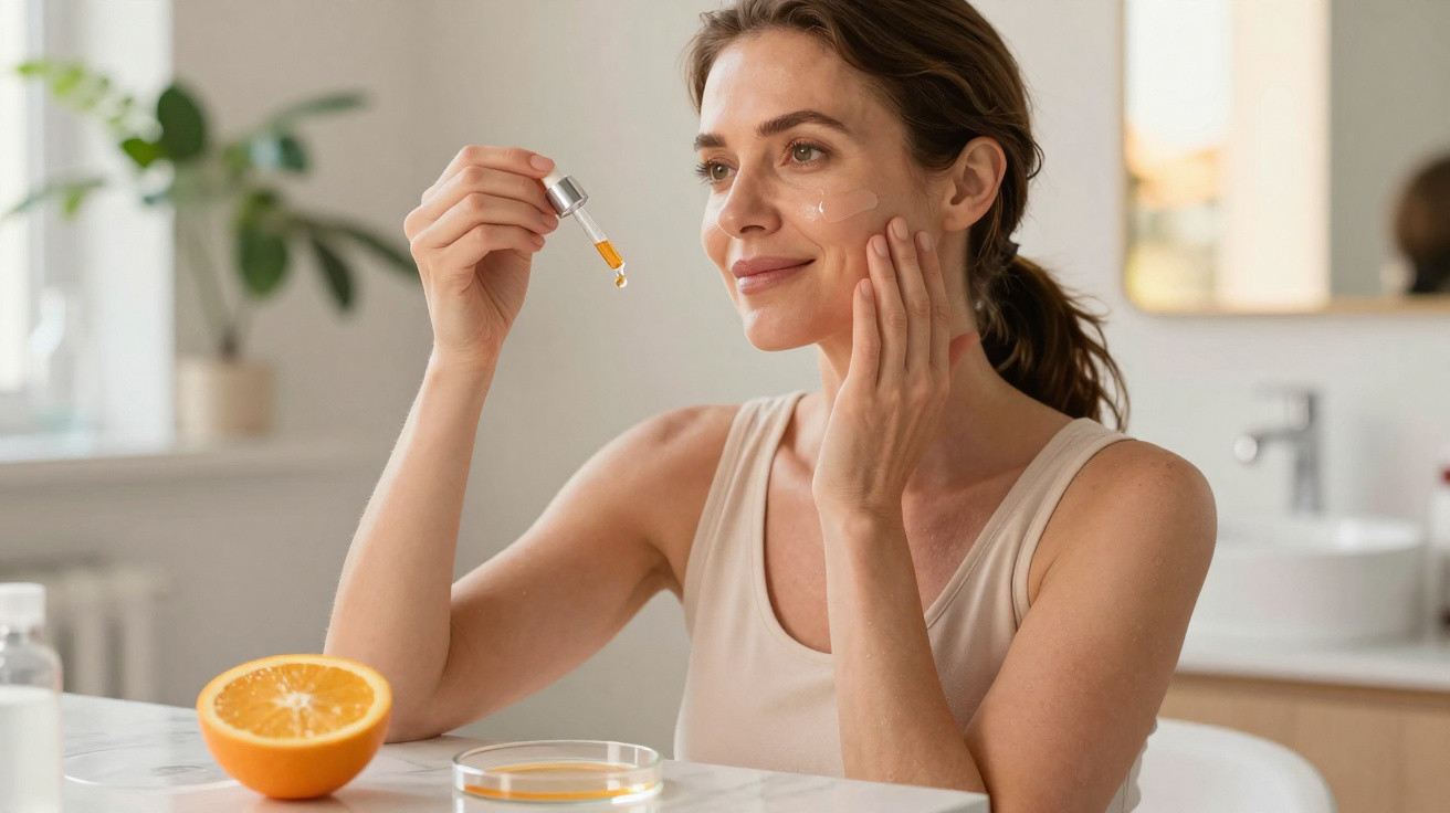 Mulher aplica serum facial com conta-gotas, com metade de uma laranja e petri ao lado numa cozinha iluminada.