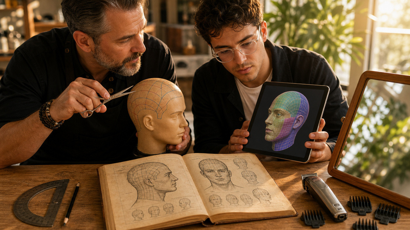 Dois homens a estudar proporções faciais com manequim, livro e tablet, numa mesa com ferramentas de barbear.