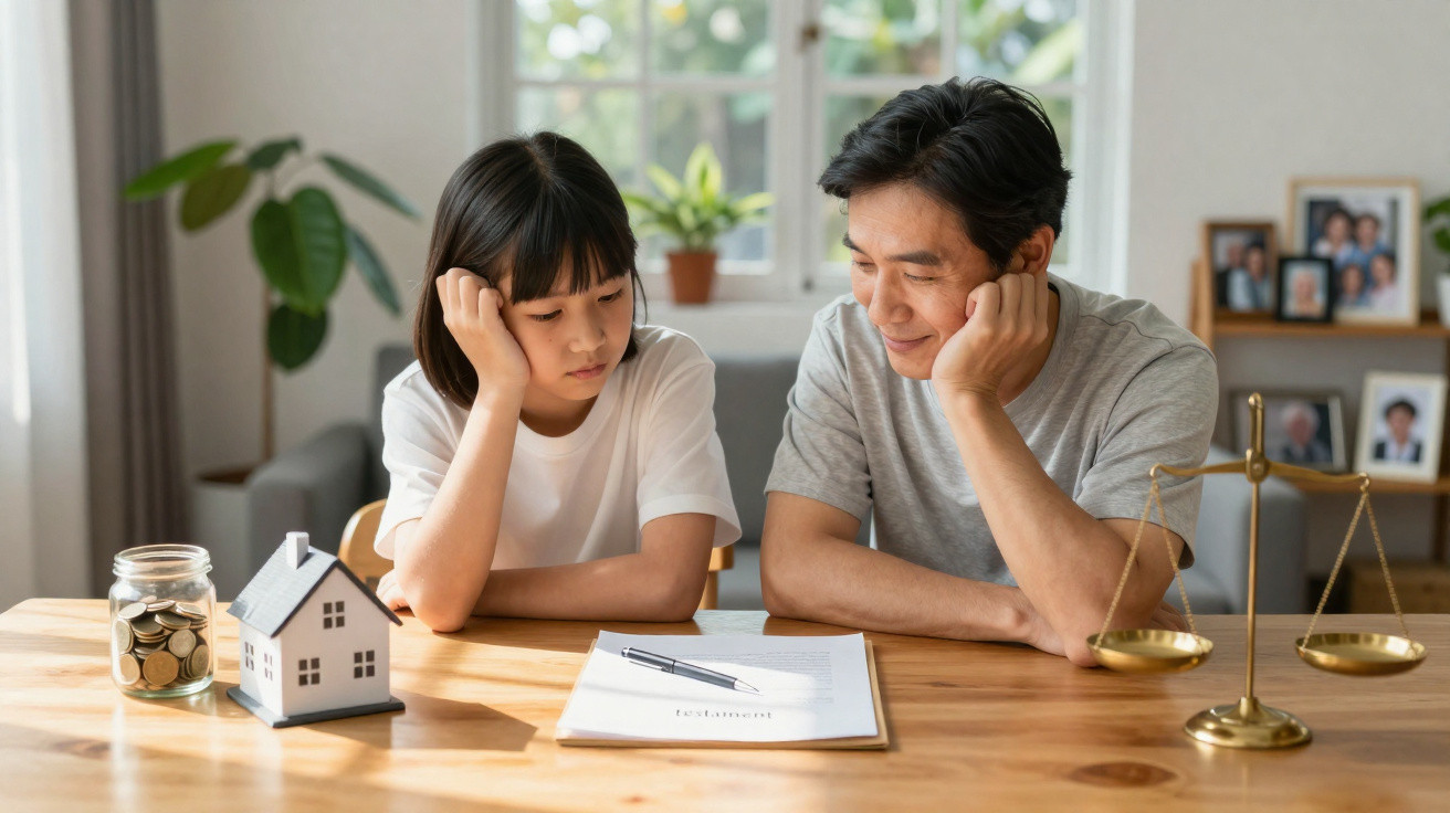 Pai e filha sentados à mesa a analisar documentos sobre finanças e habitação em casa.