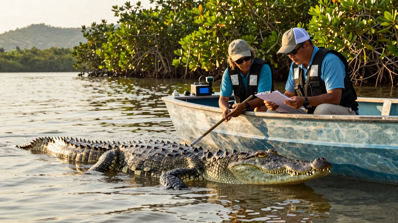Dois biólogos num barco a examinar um crocodilo gigante na água perto de manguezais.