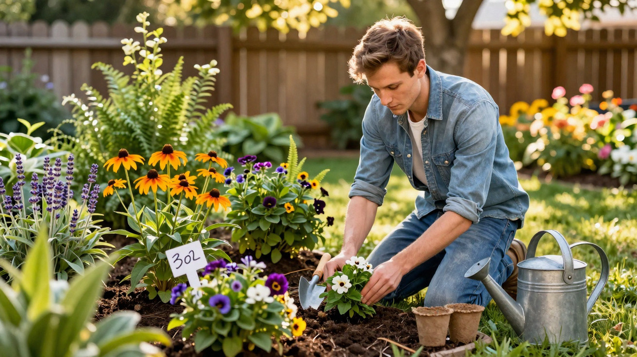 Jovem a plantar flores coloridas no jardim durante o dia, com regador e ferramentas ao lado.