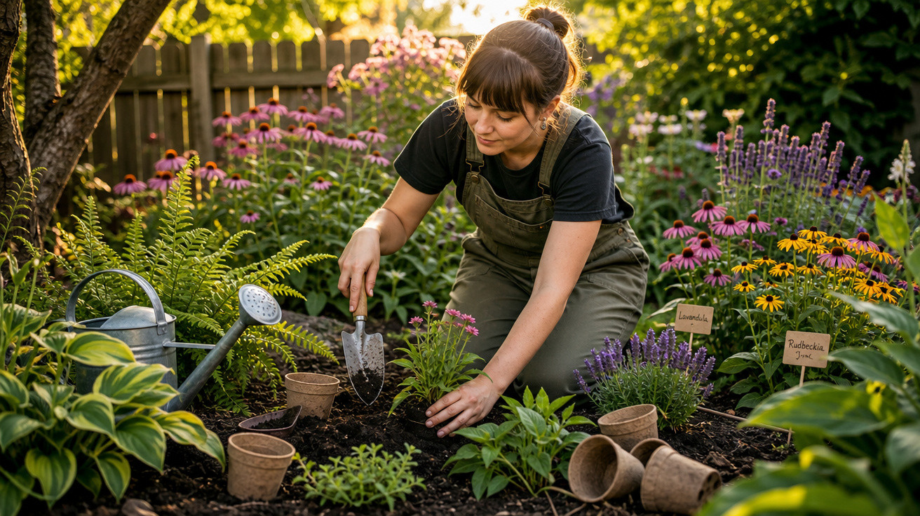 Mulher a plantar flores num jardim com regador e vasos, rodeada de plantas e flores coloridas ao pôr do sol.