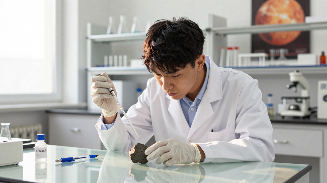 Cientista em laboratório a analisar uma rocha com pipeta, usando bata branca e luvas.