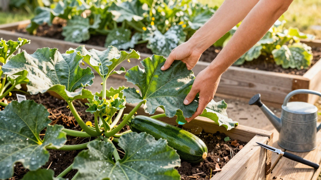 Mãos a cuidar de abobrinha verde numa horta em canteiros de madeira com regador e tesoura.