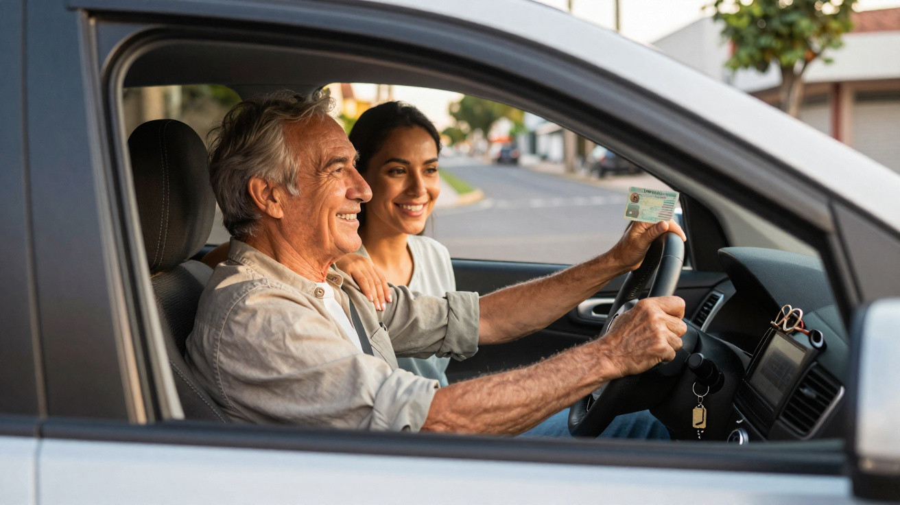 Homem mais velho ao volante de carro mostra carta de condução a mulher jovem ao lado, ambos sorrindo.