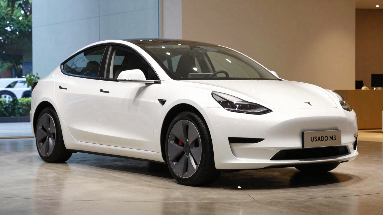 Carro elétrico Tesla Model 3 branco estacionado em showroom, vista frontal lateral direita.