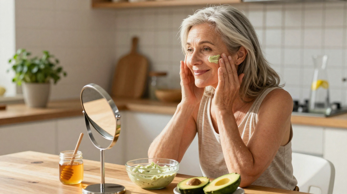 Mulher sénior aplica máscara facial de abacate na cozinha, olhando-se ao espelho com sorriso sereno.