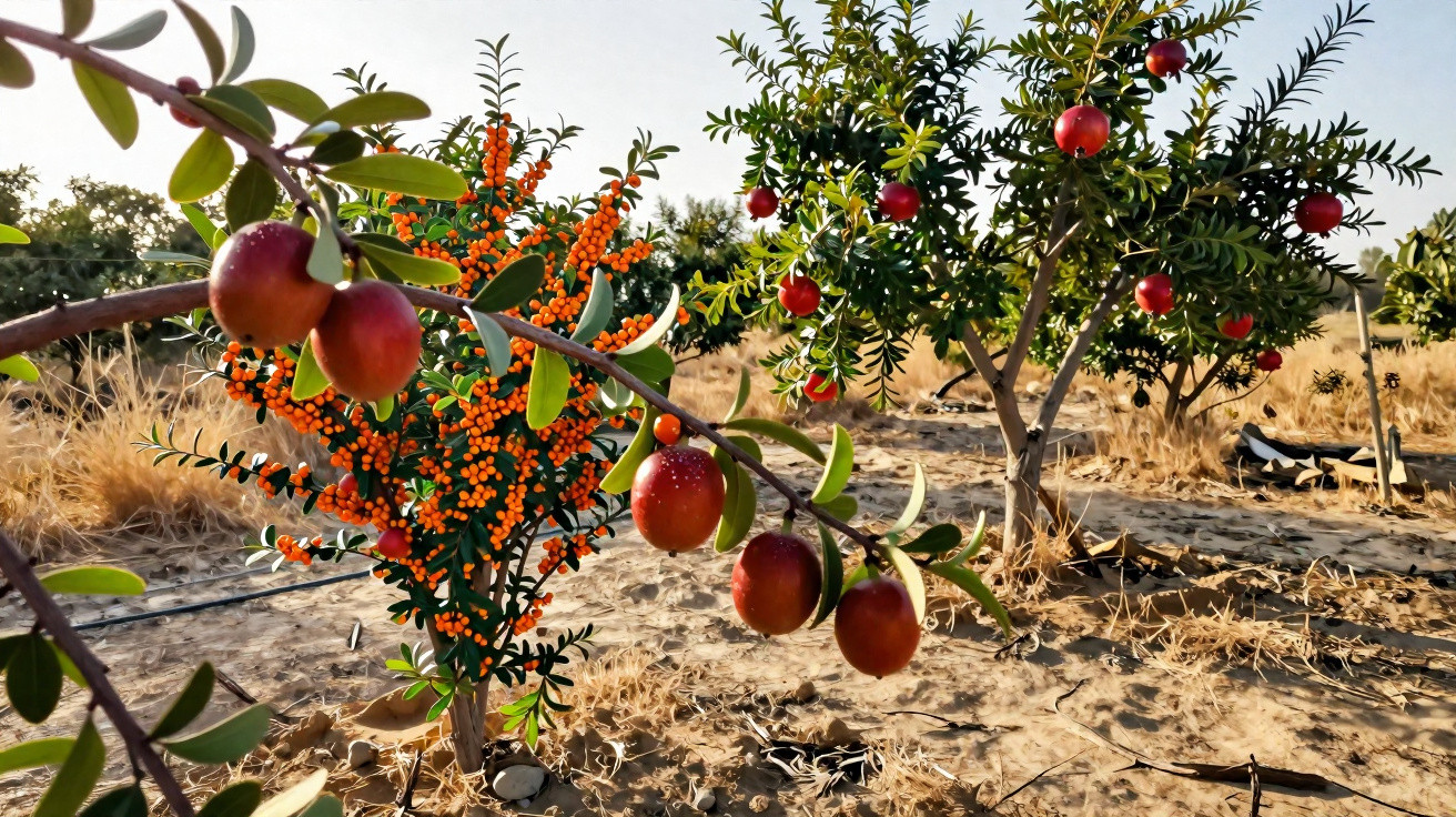 Pomares com árvores carregadas de romãs vermelhas e arbustos com bagas laranja no solo seco.
