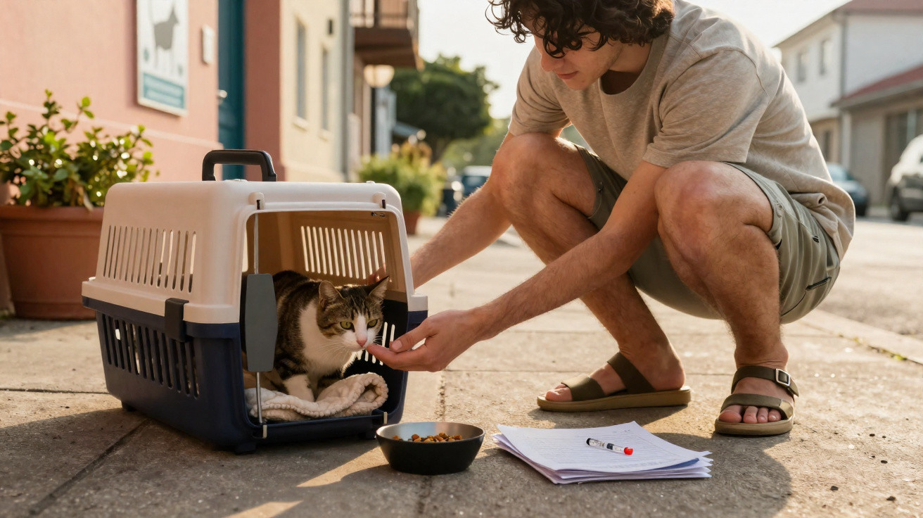 Jovem cuida de gato dentro de transportadora na calçada, com tigela de comida e documentos ao lado.