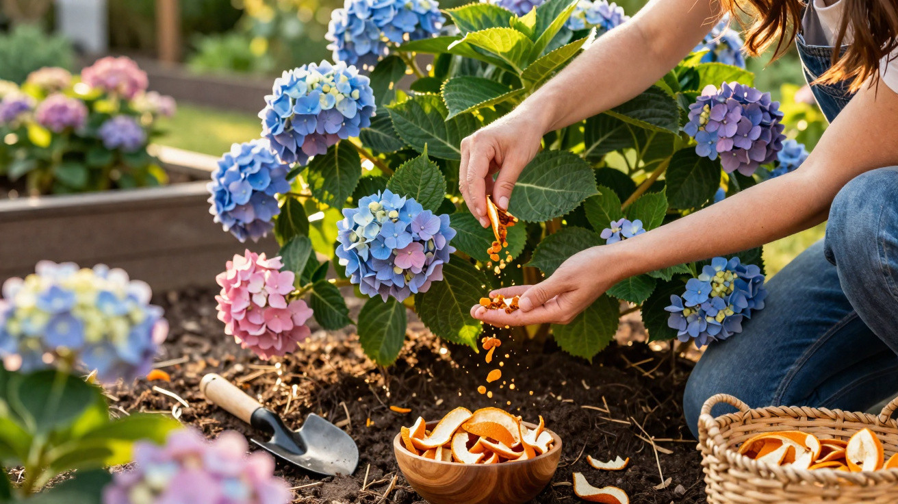 Pessoa a adubar plantas de hortênsia com cascas de laranja num jardim ensolarado.