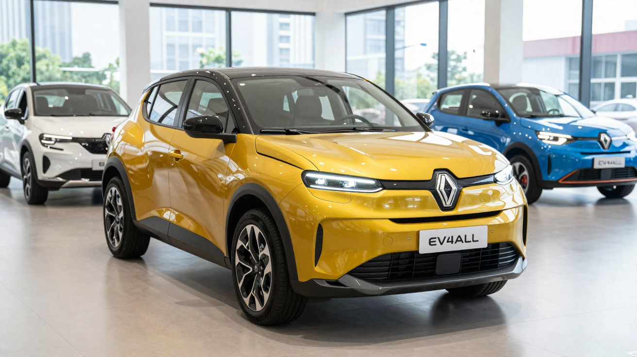 Carros elétricos Renault EV4ALL em exposição num showroom moderno, com destaque para modelo amarelo.