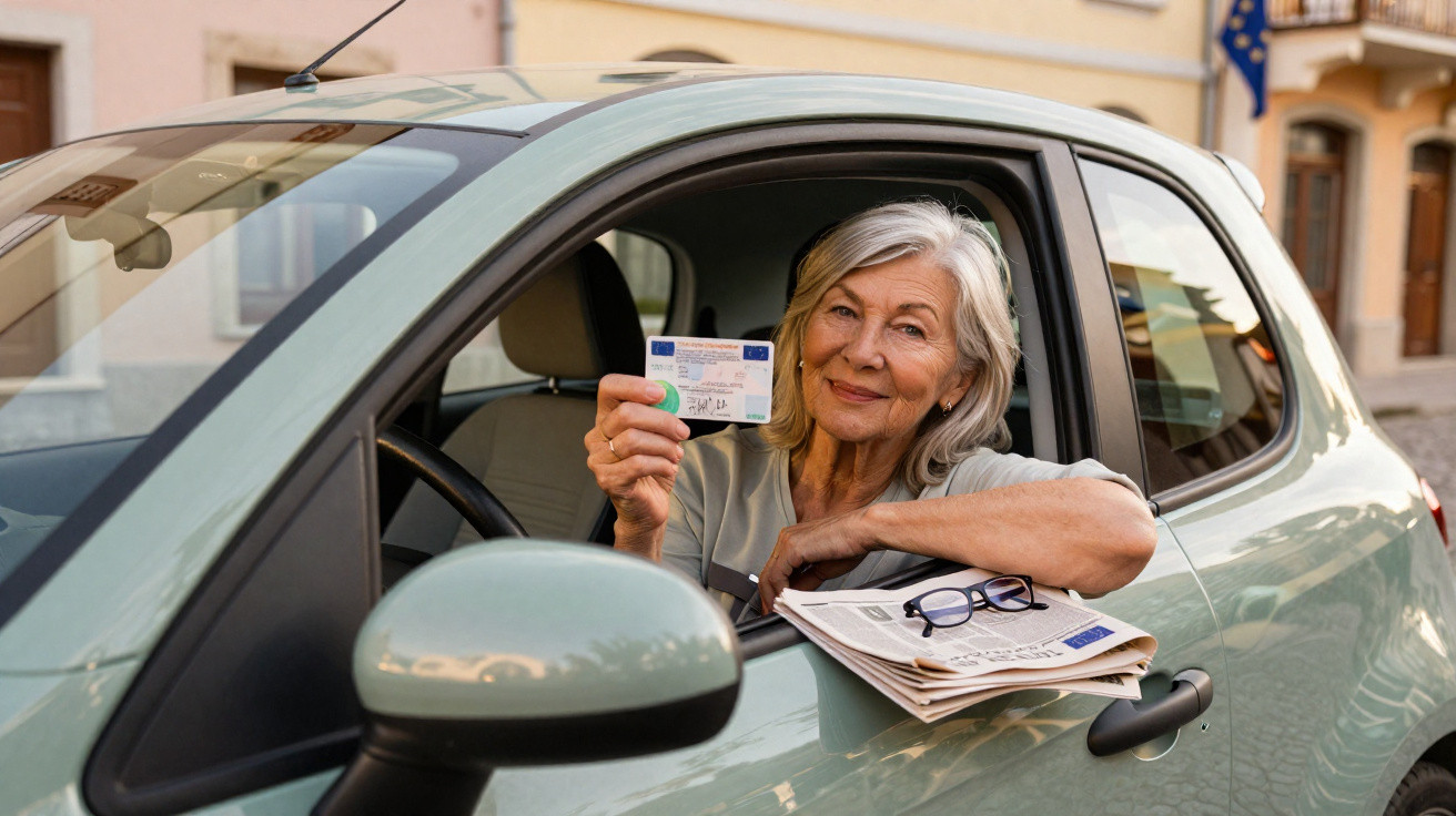 Mulher idosa sorridente dentro do carro, segurando carta de condução e jornais no braço.