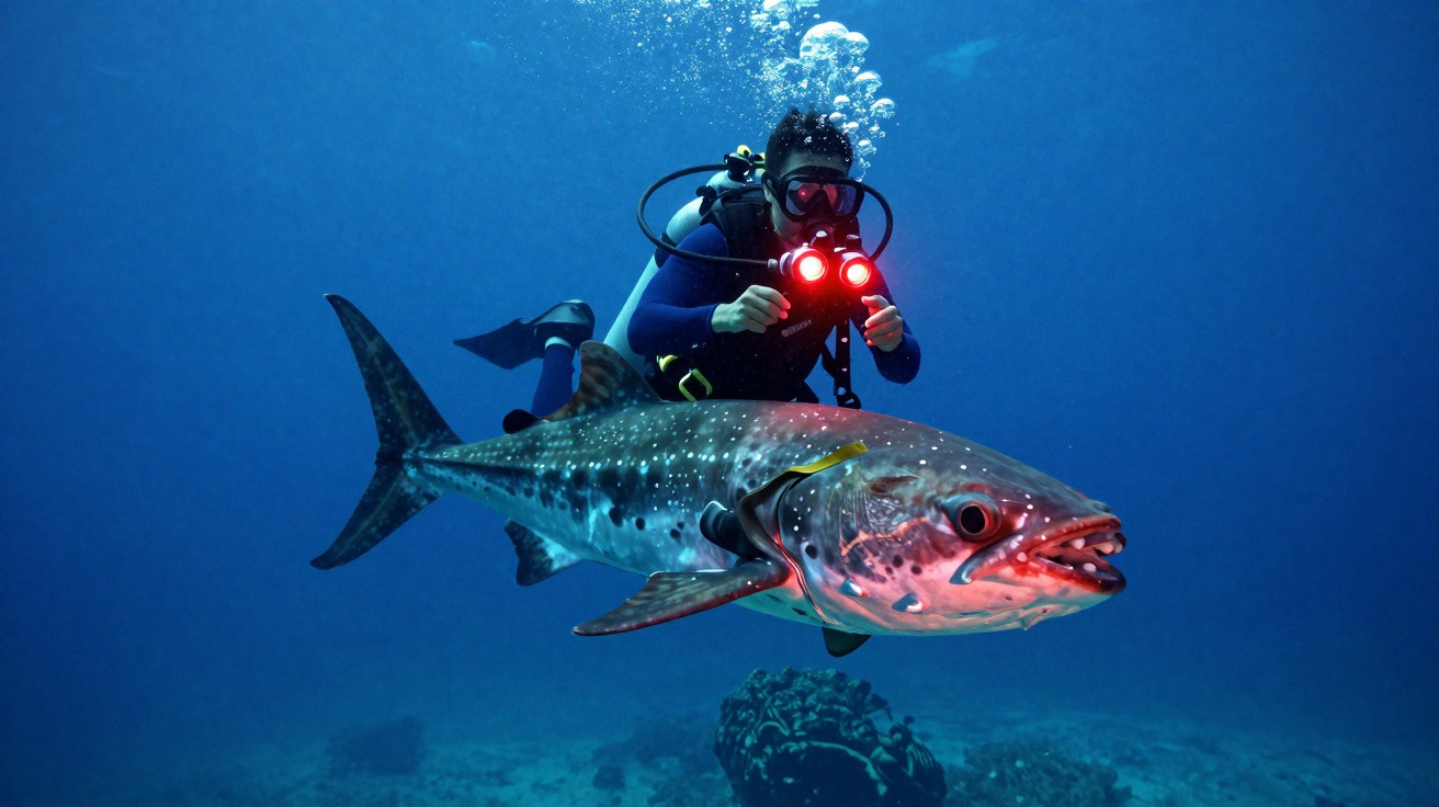 Mergulhador subaquático com lanterna vermelha a fotografar um peixe grande e prateado no oceano.