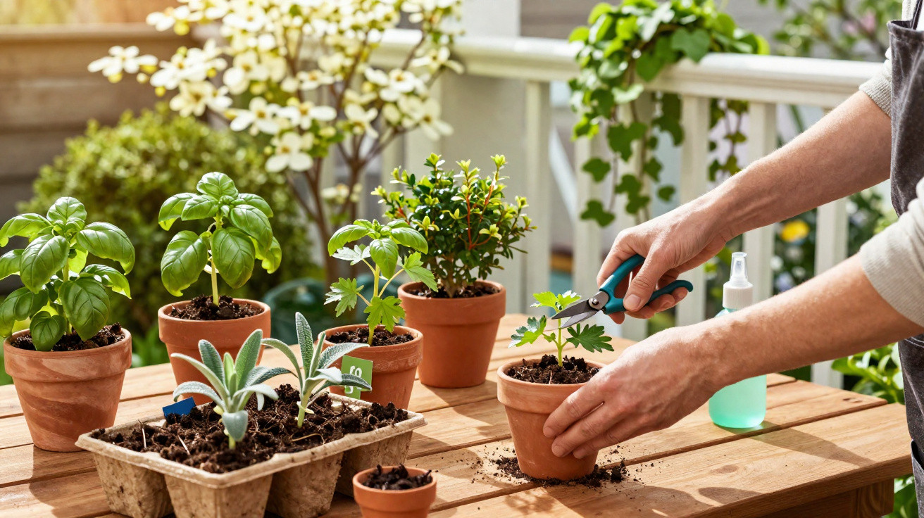 Pessoa a podar planta em vaso de barro num jardim com várias plantas em vasos e bandeja.