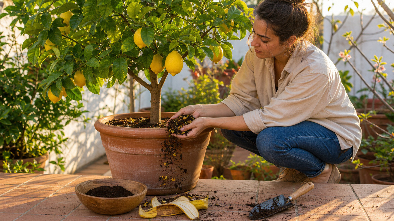 Mulher a cuidar de uma planta de limão numa varanda ensolarada, adicionando terra ao vaso.