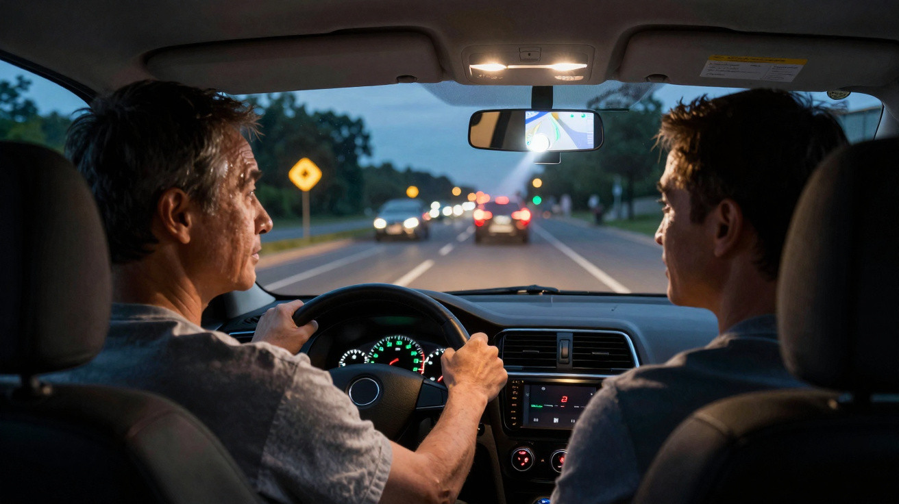 Dois homens dentro de carro ao anoitecer, um conduzindo e o outro ao lado no banco do passageiro.