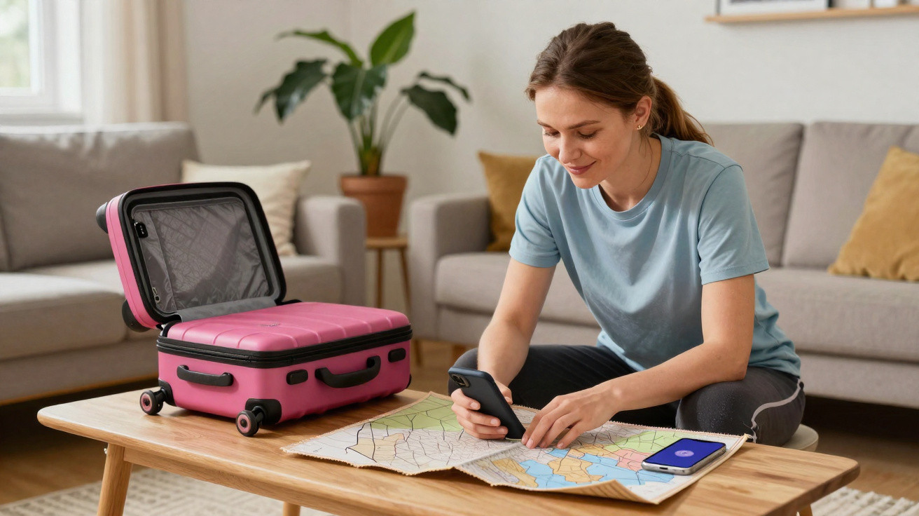 Mulher sentada a planear viagem com mapa na mesa, telemóvel na mão e mala rosa aberta ao lado.