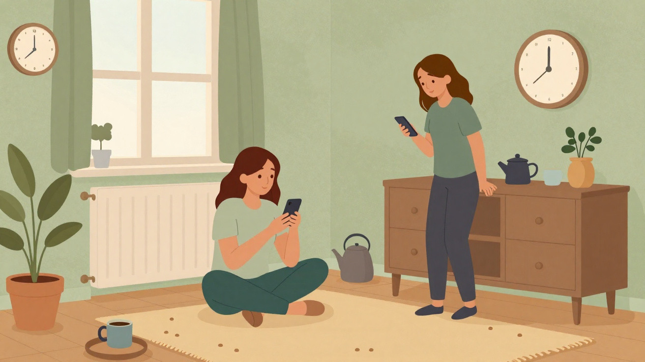Duas mulheres num quarto com plantas a usar telemóveis, relógio na parede indica 3 horas.
