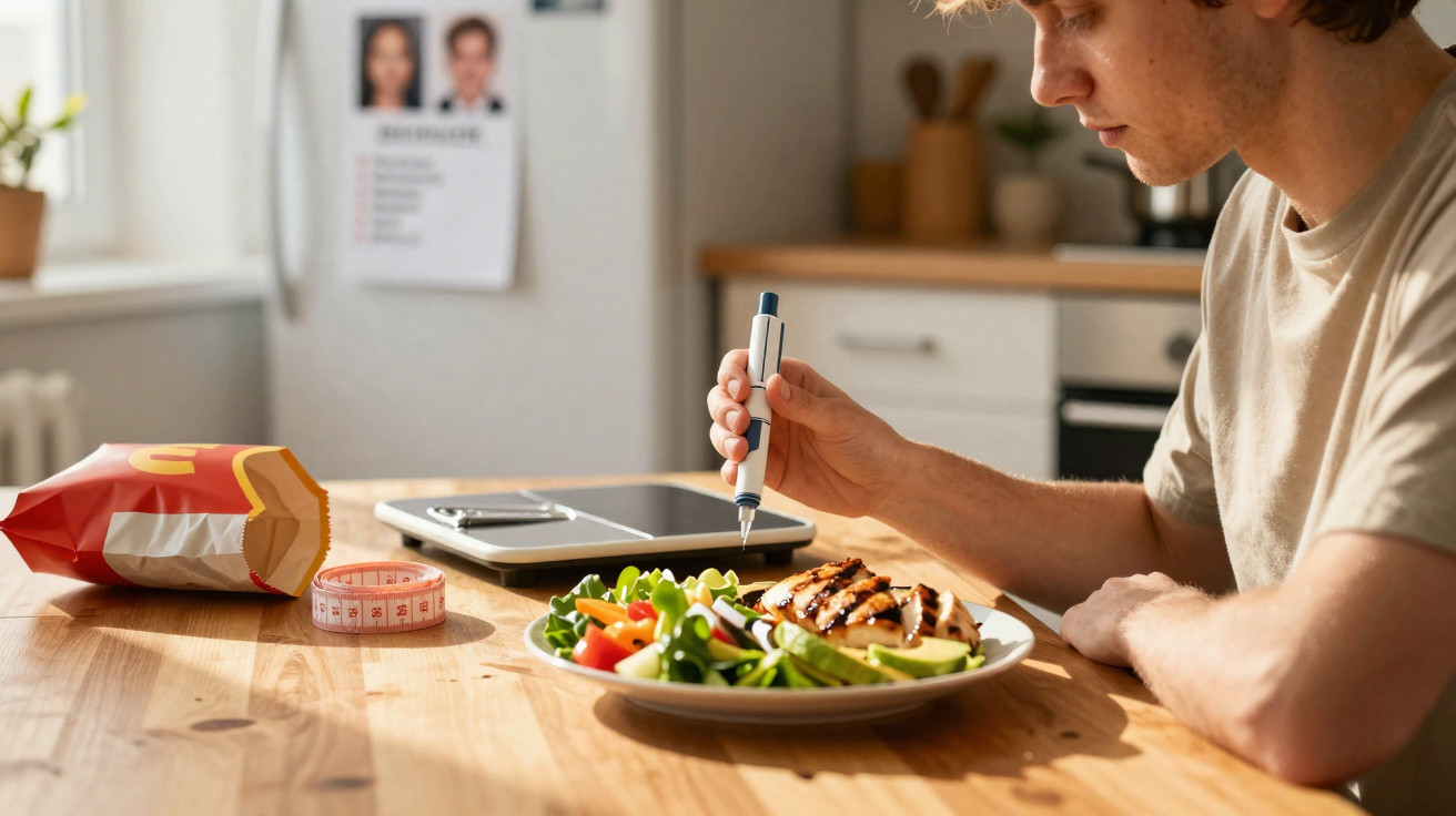 Homem sentado à mesa a fazer anotações enquanto olha para prato com salada e peito de frango grelhado.