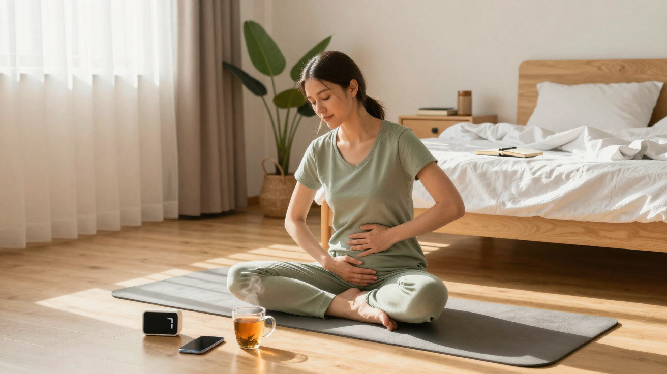 Mulher grávida sentada em tapete de yoga, numa pose relaxante, num quarto iluminado pela manhã.