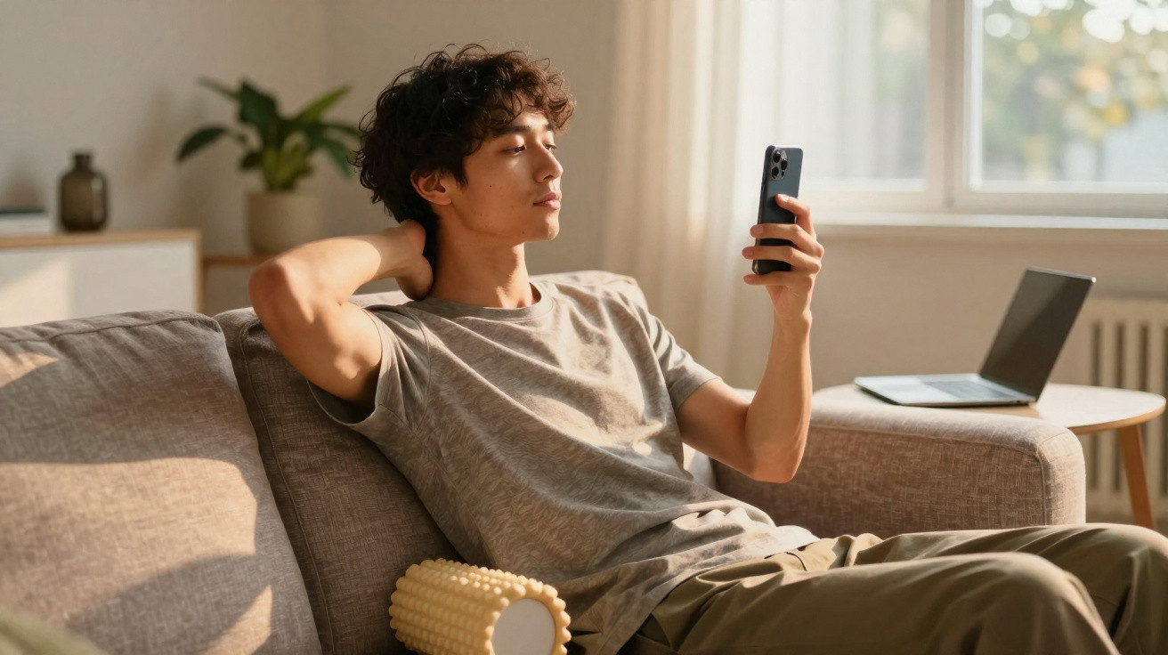Jovem relaxado no sofá a olhar para o telemóvel, com rolo massageador e computador portátil ao fundo.