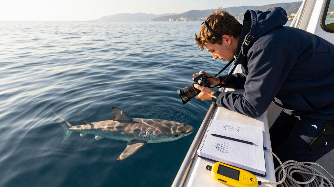 Homem fotografa tubarão junto a caderno com desenhos e equipamento num barco no mar calmo.