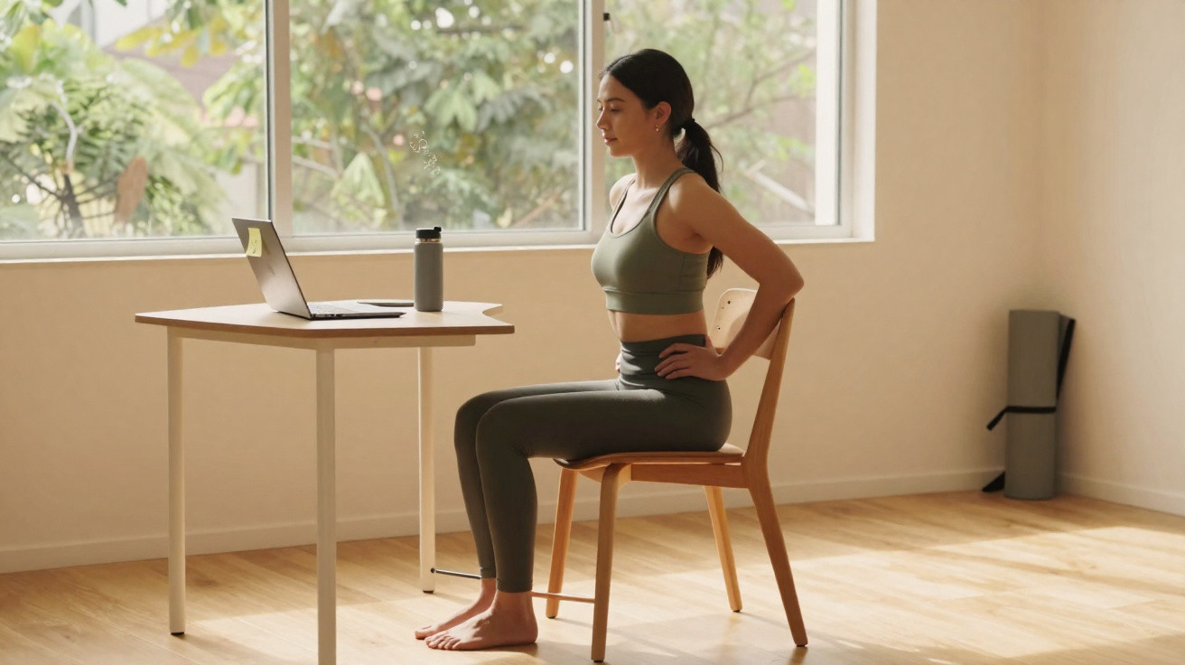 Mulher a fazer exercícios de alongamento sentada numa cadeira, junto a uma mesa com computador portátil.