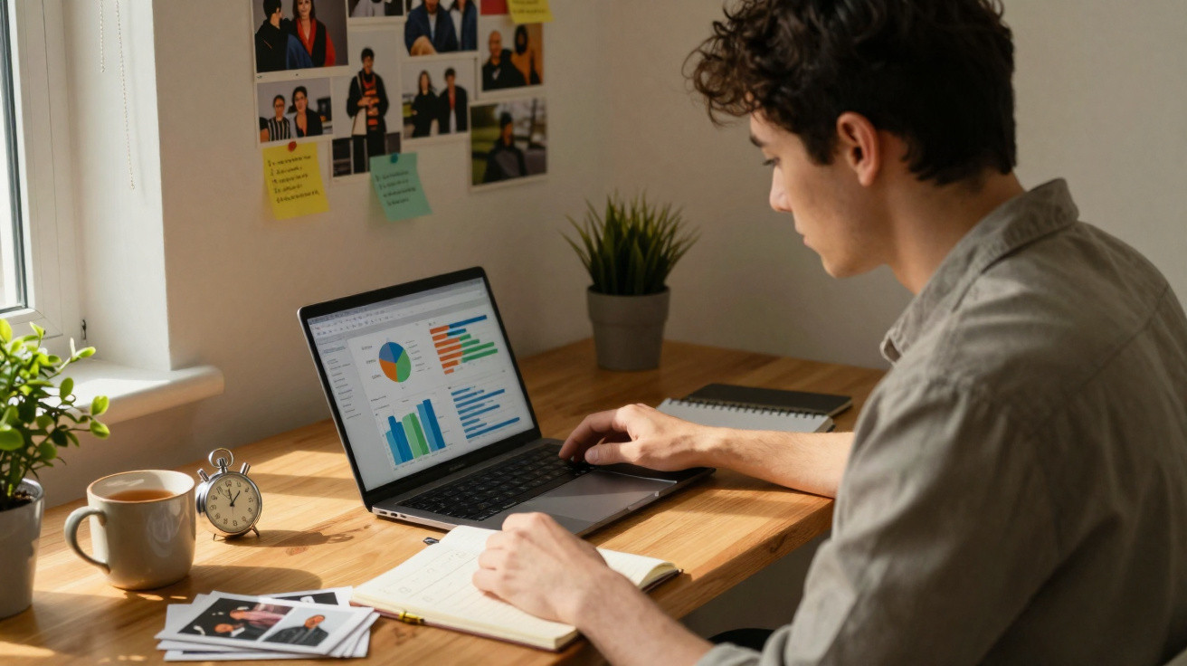 Jovem a trabalhar num laptop com gráficos, anotando num caderno, numa mesa com plantas e fotografias.