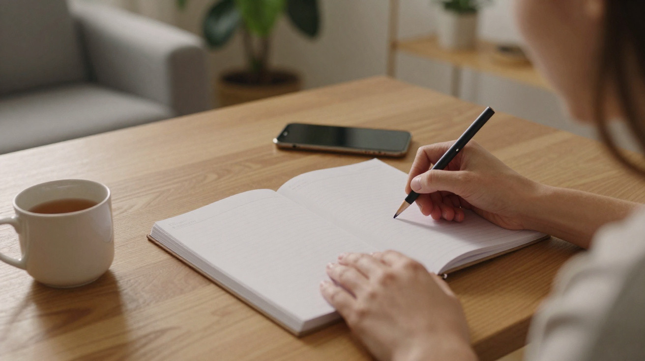 Pessoa a escrever num caderno aberto numa mesa de madeira com uma chávena e um telemóvel por perto.
