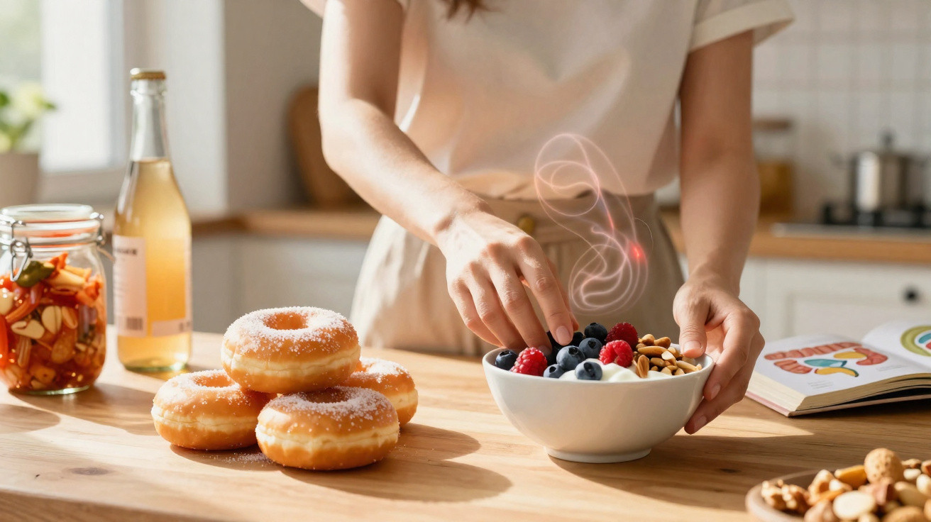 Pessoa a colocar frutos vermelhos e nozes numa taça branca, com donuts e bebidas numa mesa de madeira.