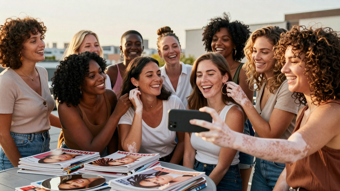 Grupo diversificado de mulheres sorridentes a tirar uma selfie num terraço com revistas de moda numa mesa.