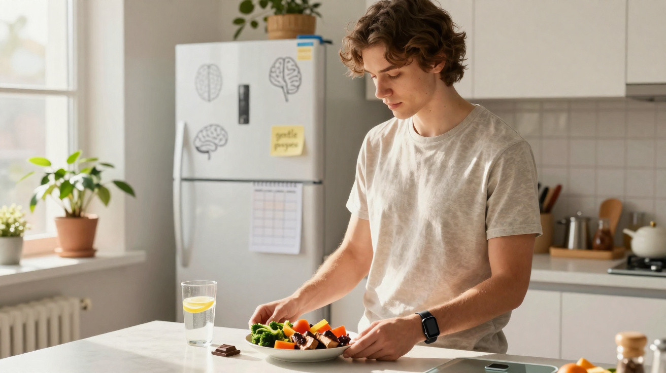 Jovem numa cozinha moderna a preparar uma refeição saudável com legumes e chocolate no prato branco.