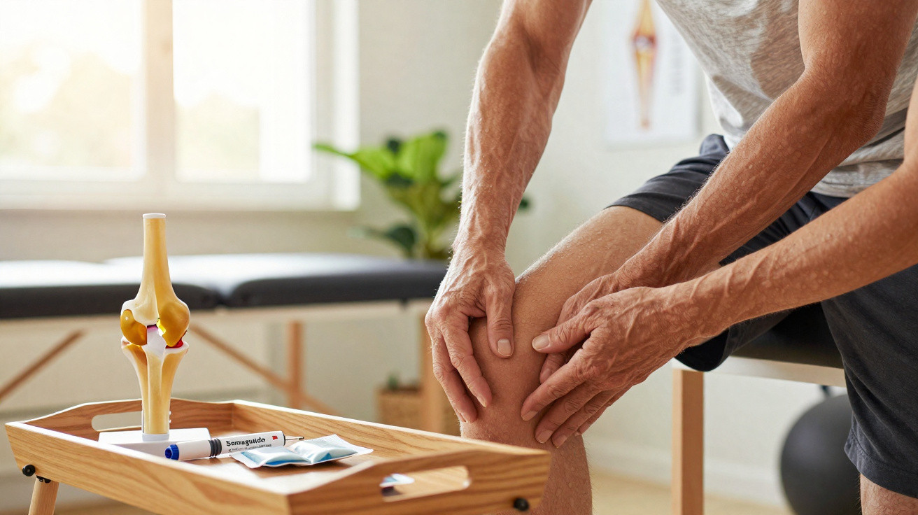 Homem sentado a segurar o joelho com mãos, ao lado de modelo anatómico de articulação e medicamentos numa mesa.