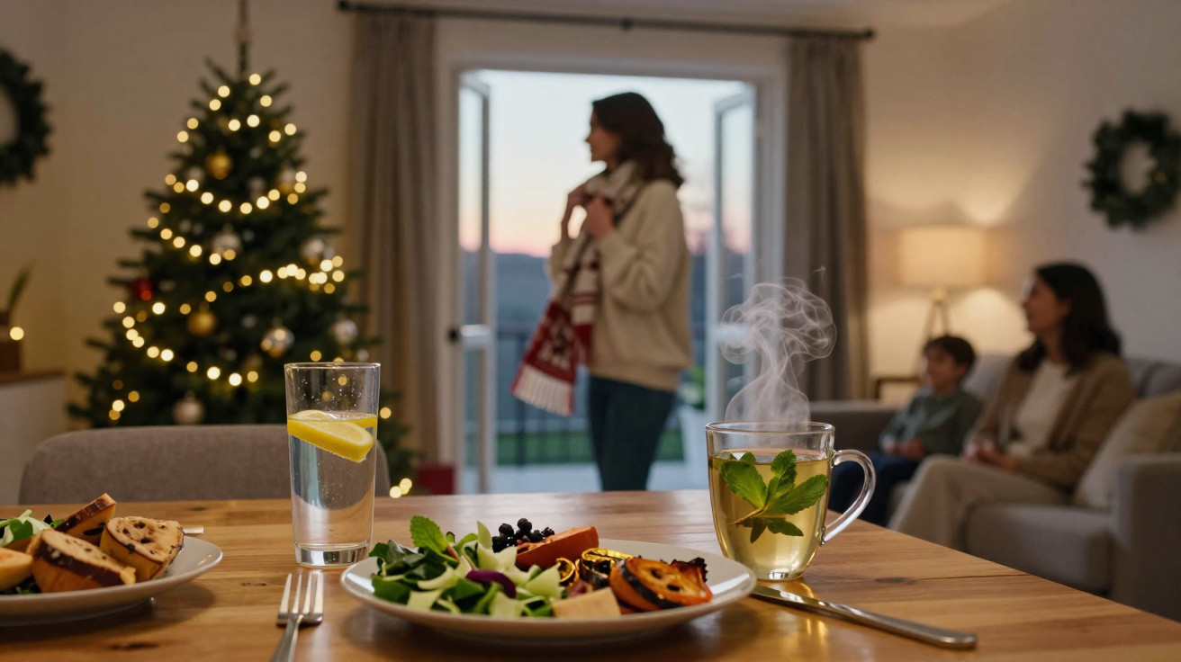 Mesa de madeira com chá, salada e água com limão, família e árvore de Natal decorada ao fundo.